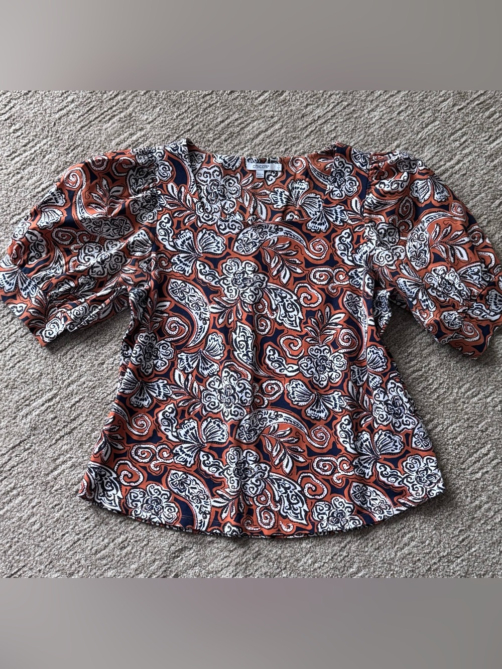 Chico's 3 paisley square neck puff sleeve blouse XL rust orange navy floral boho - Picture 3 of 9